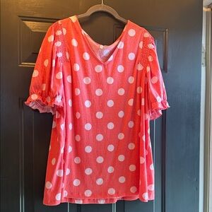Cato Coral and White Polka Dot Top